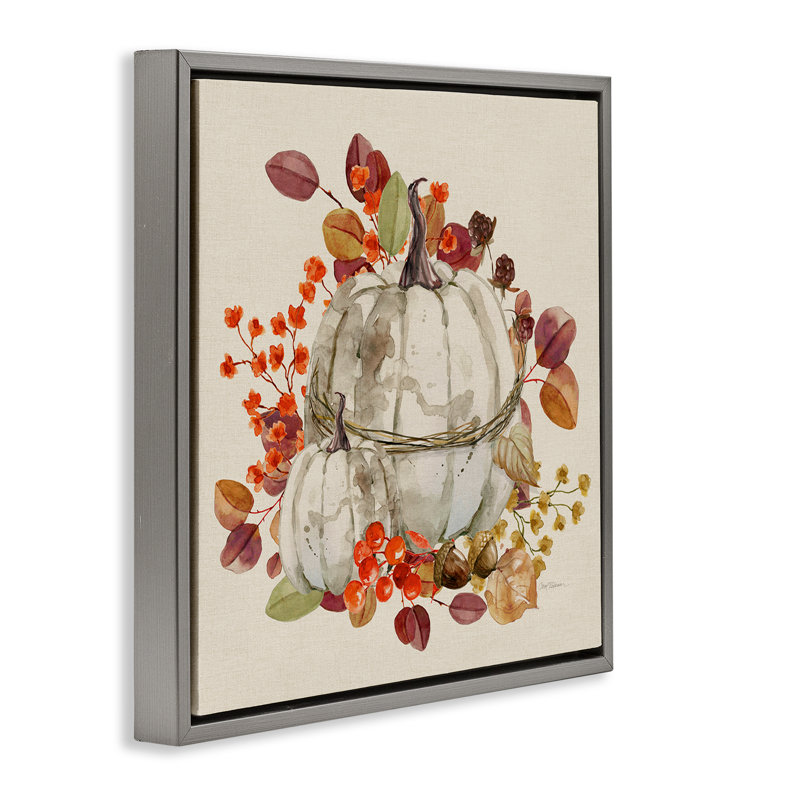 Estampe numérique saisonnière citrouille et feuilles par Carol Robinson, H 18 po x l 18 po, Cadre flottant gris lustré