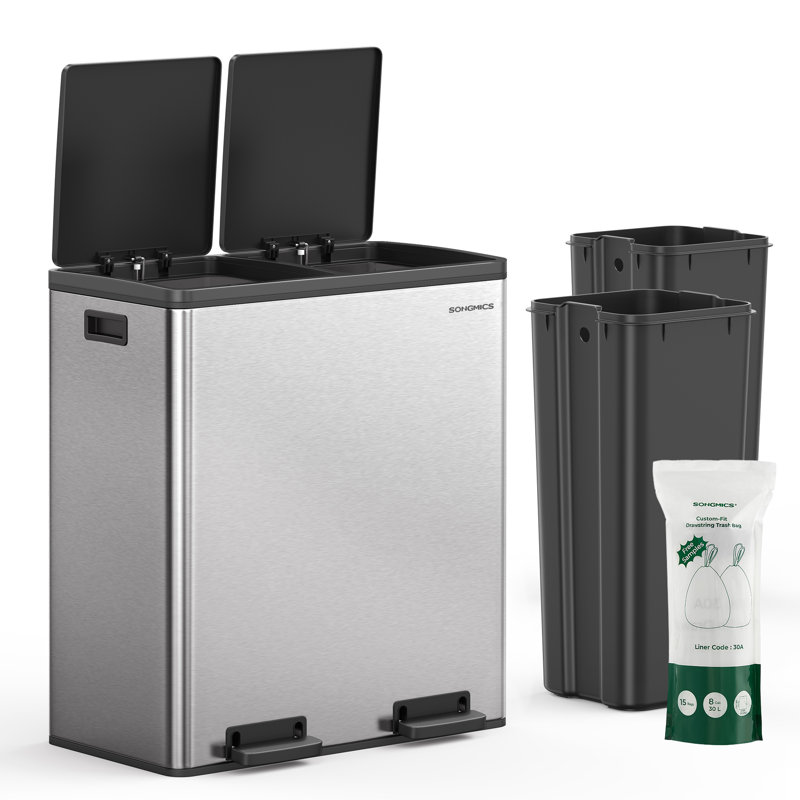 16 Gallon Silver Stainless Steel Dual Compartment Kitchen Trash Can