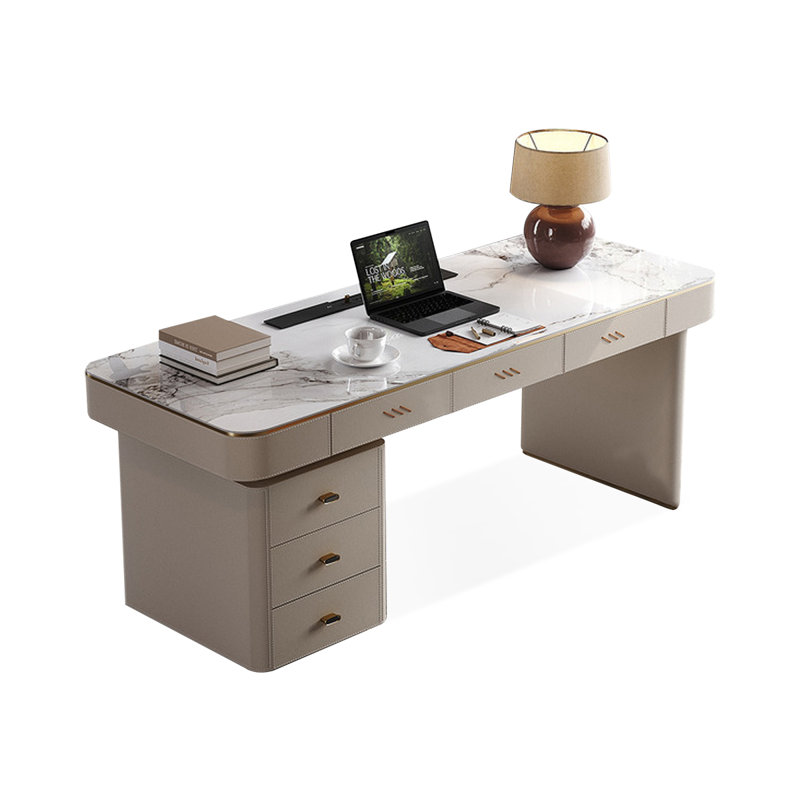 Bureau rectangulaire en pierre blanche + bois manufacturé + Barenia avec 8 tiroirs, H 29,53 po x l 55,12 po x P 23,62 po