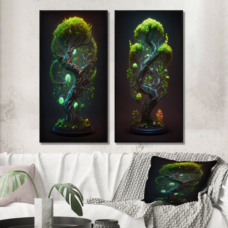 «Neon Bonsai Swirl Tree V», 2 pièces, H 32 po x l 32 po, Cadre noir