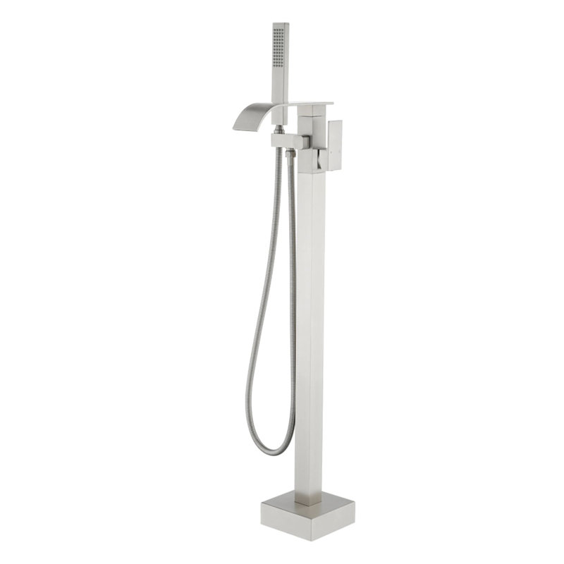Freestanding Tub Faucet With Handheld Shower Single Hole Waterfall Floor Mount Bathtub Faucets Brass Single Handle Tub Fillers With Swivel Spout