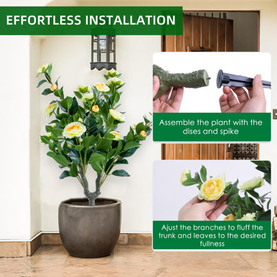 Artificial Topiary Ball Trees Set of 4 with Yellow Camellia Flowers – 35.4in PE Fake Plants, Ground Spikes & Metal Stakes, Decorative for Home and Garden, 4 Yellow Flowers, 90x40cm