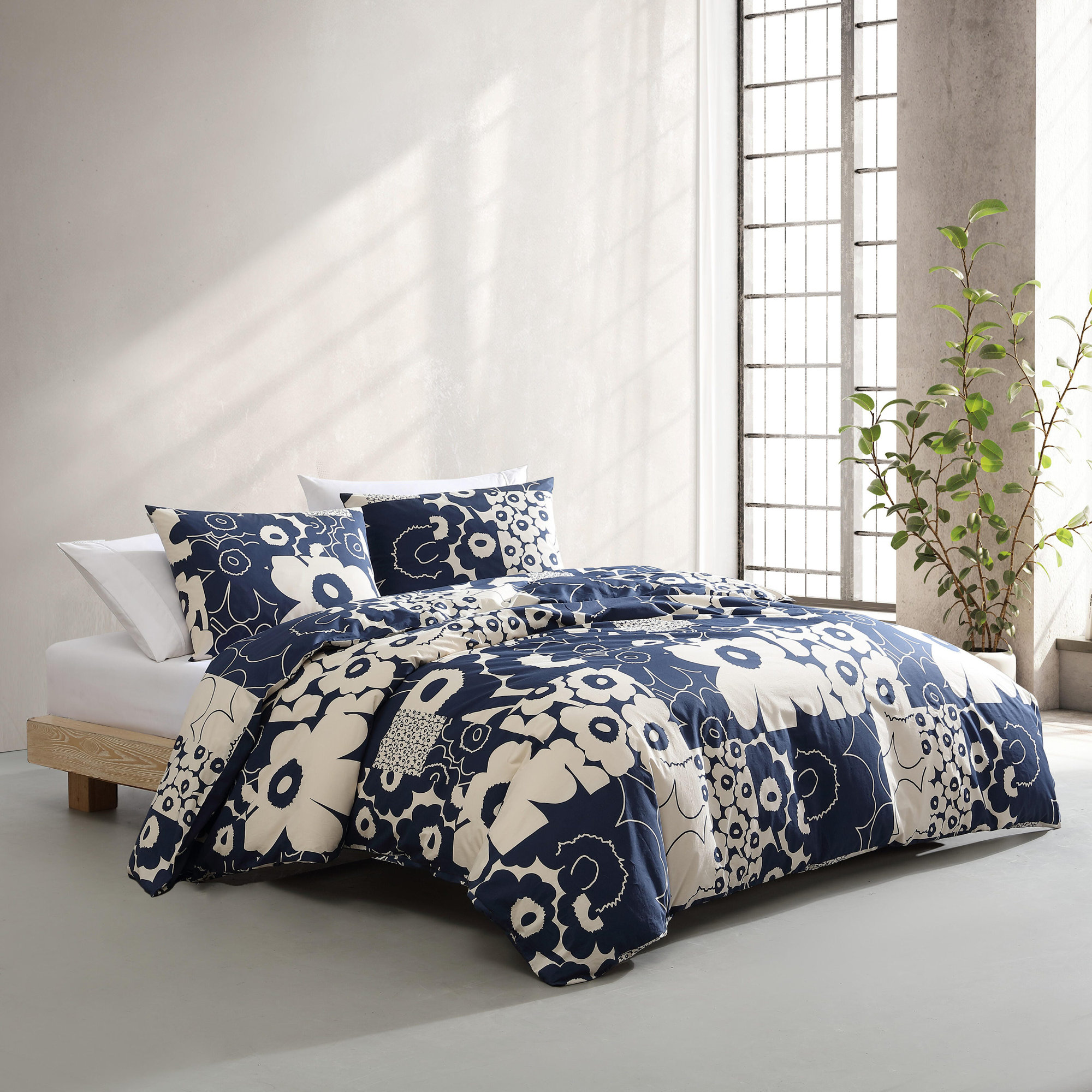 Marimekko Unikko Cotton Blue Duvet Cover Set, Blue/Navy Floral, Queen Duvet Cover + 2 Standard Shams