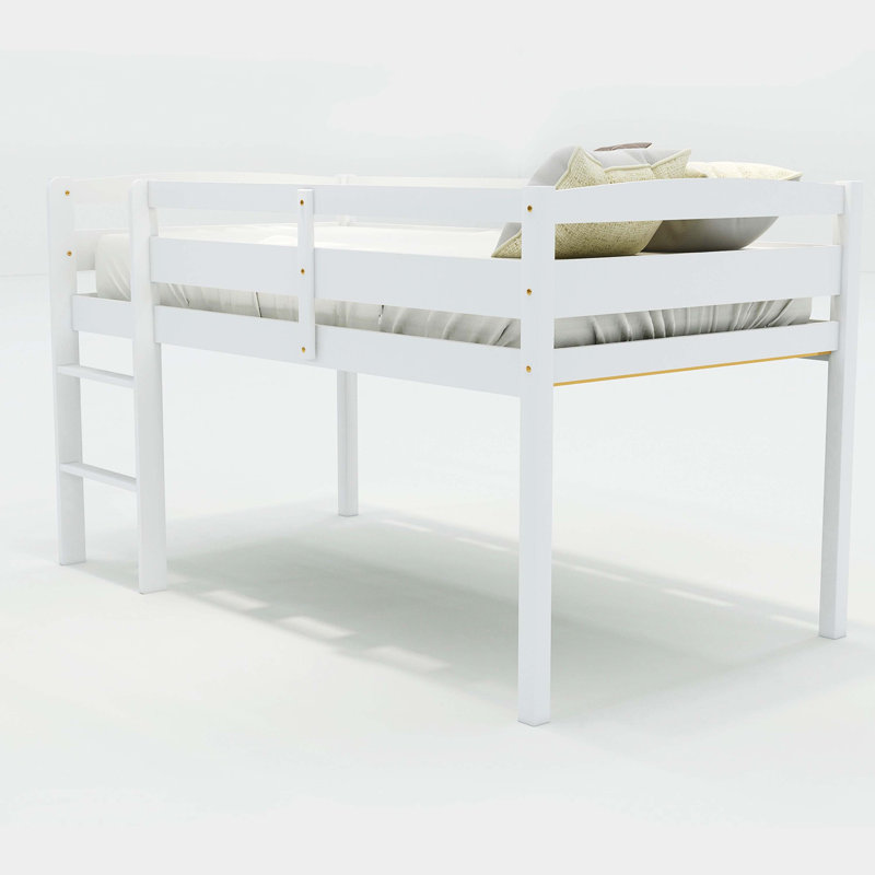 Lit mezzanine bas simple en bois avec échelle, finition blanche, Blanc