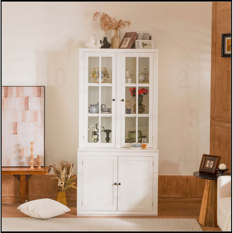 Set of Two 75.25" Tall Traditional Style China Cabinets with Double Glass Doors for Hallways, Living Rooms, and Kitchens - White