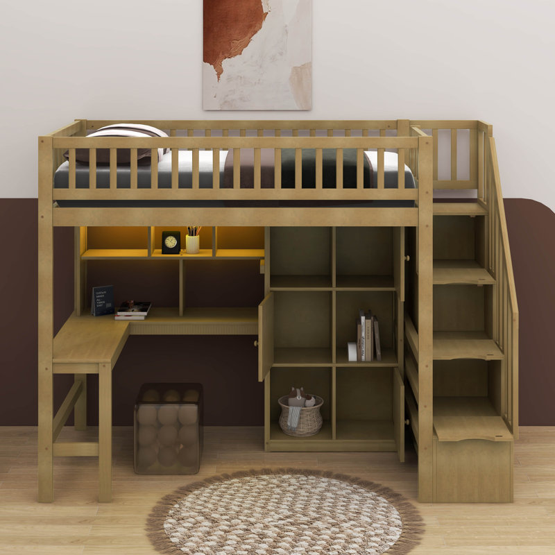 Lit mezzanine simple avec bureau, DEL, tablettes de rangement, armoires et escalier, Noyer