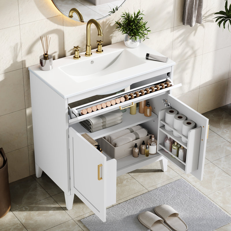 Meuble-lavabo moderne Yelton de 76 cm de large en bois avec lavabo en céramique, rangement à fermeture douce et tablette réglable pour salle de bain
