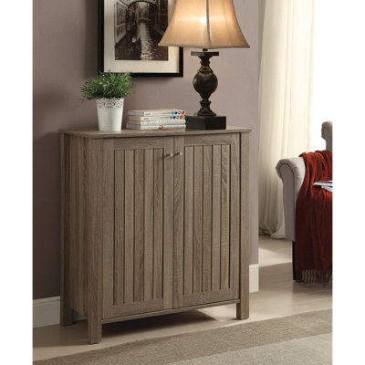 Shoe cabinet storage cabinet entryway cabinet with two doors slat style vented doors metal knob handle four shelves Dark Taupe color