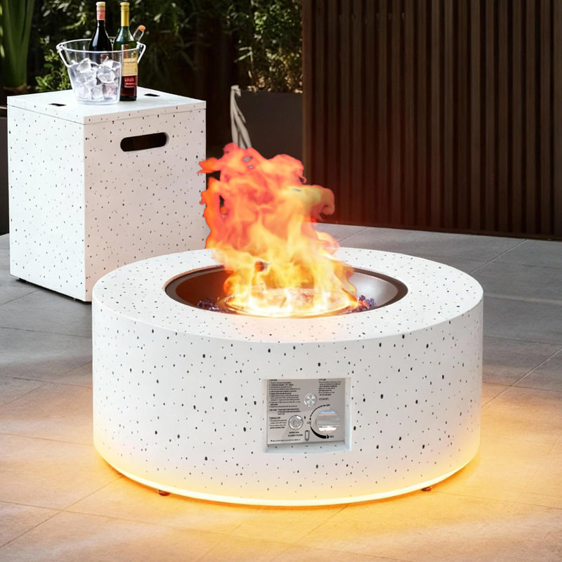 30'' Round Steel Propane Smokeless Fire Pit Table With Golden Light, Spotted White