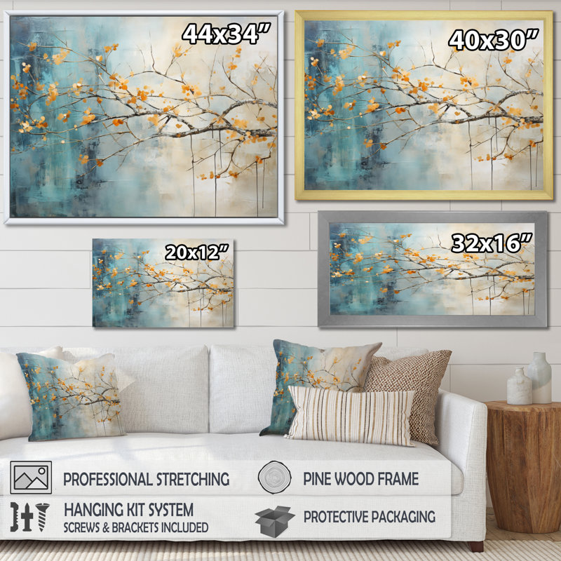 " Orange Teal Maple Tree Glowing Embers I ", 30" H x 40" W x 1.5" D, Wrapped Canvas