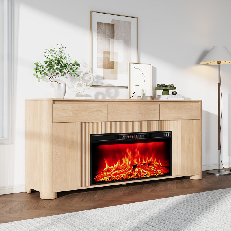Meuble télé avec foyer électrique de 107 cm (42 pouces), compatible avec les téléviseurs jusqu'à 203 cm (80 pouces), éclairage DEL coloré et angles arrondis, chêne naturel.