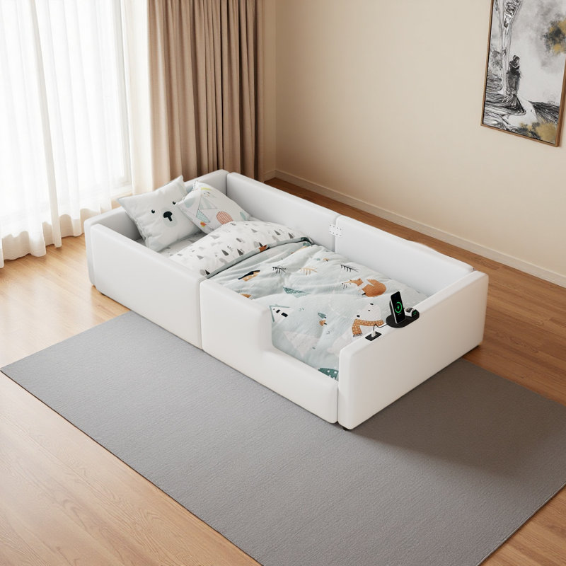 Lit plateforme tapissier simple avec garde-corps et station de charge