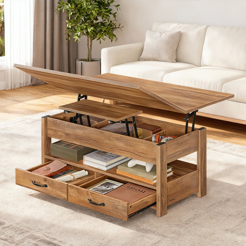 39.4"  Lift Top Coffee Table With Hidden Storage And Drawers, Brown