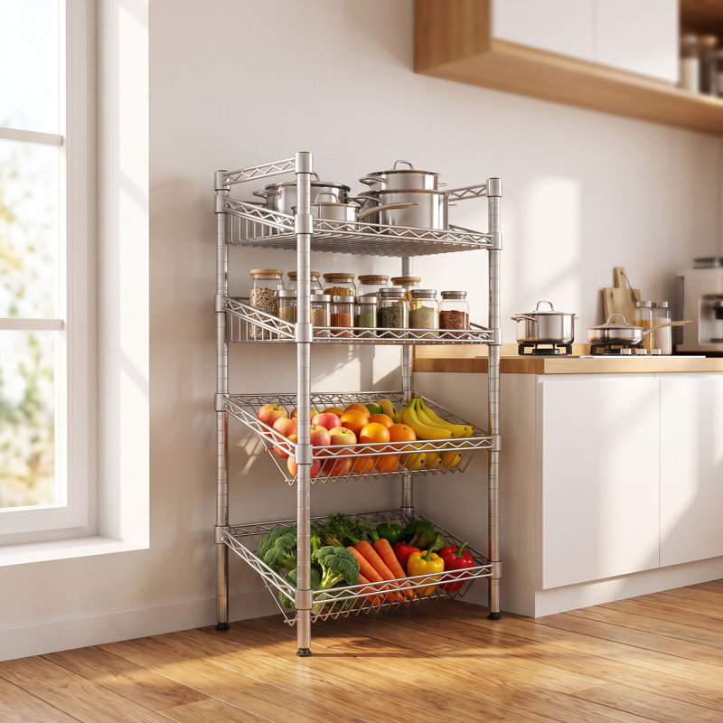 Étagère à quatre niveaux en acier chromé à double pente avec paniers réglables, tablette de rangement autoportante en acier au carbone pour cuisine, garde-manger et débarras.