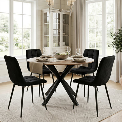 4 Seater Round Dining Table with Wood Effect Tabletop Black Metal X Shaped Legs & 4 Velvet Chairs for Kitchen Dining Room Furniture Set
