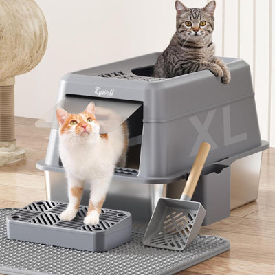 Bac à litière en acier inoxydable, bac à litière pour chat couvert XL, bacs à litière en métal avec couvercle, pelle à litière, pédale de filtre et tapis de litière, anti-fuite, antiadhésif, facile à nettoyer