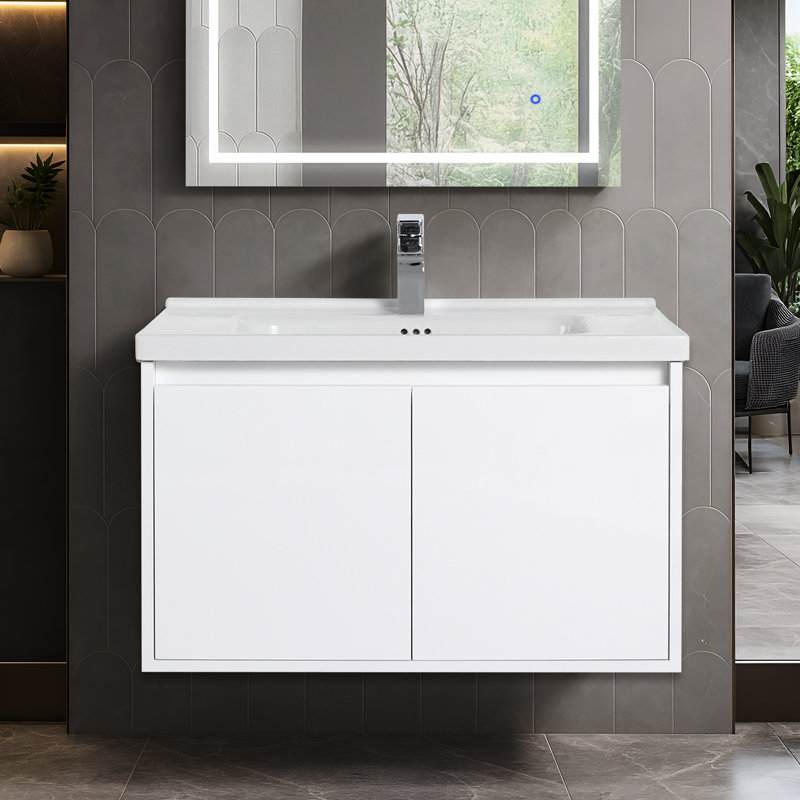 Blossom 32'' Wall-Mounted Bathroom Vanity in Glossy White – Floating Wood Cabinet, Ceramic Sink, Soft-Close Doors, Space-Saving Design