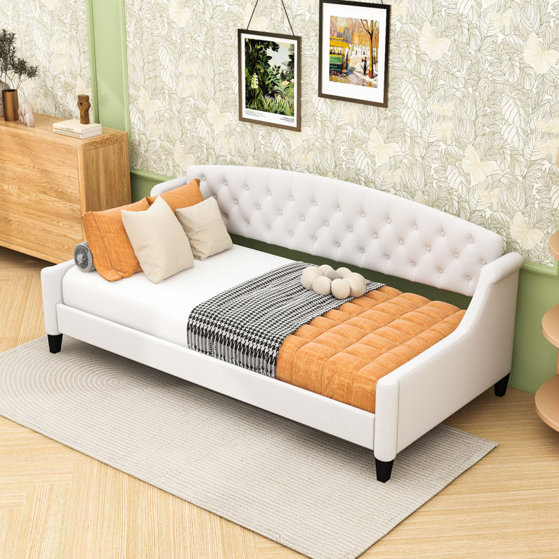 Twin Size Velvet Tufted Button Daybed with Slats, Beige