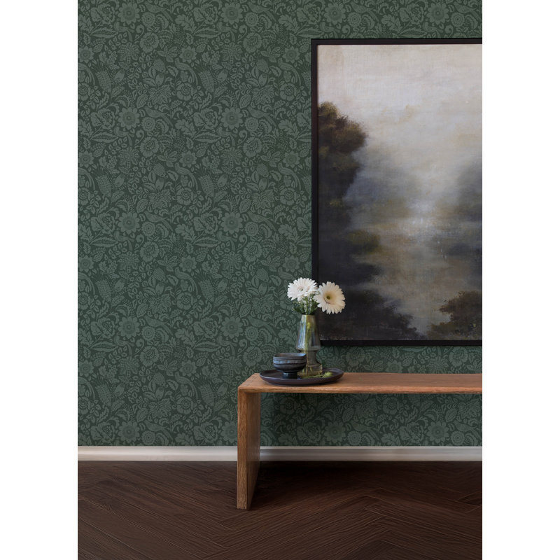Marta Navy Floral Trail Wallpaper, Green
