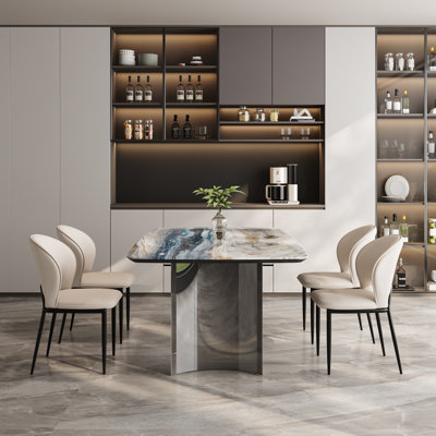 7-Piece Modern Dining Table Set, 63" Rectangular Faux Marble Top Dining Table With 6 Upholstered Chairs, Contemporary Kitchen Dining Room Set