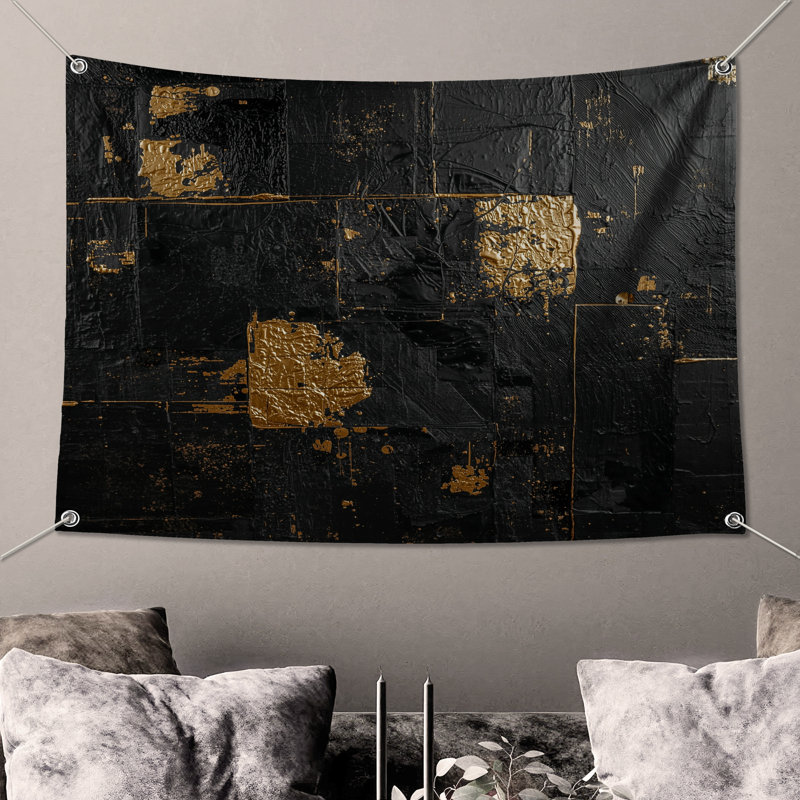 Tapisserie murale abstraite texturée noire et dorée - Décoration murale texturée, H 104 po x 88 avec 4 œillets