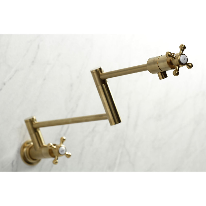 Kingston Brass Manhattan Two-Handle 1-Hole Wall Mount Pot Filler Faucet, Brushed Brass, Knob/Round Cross Handle