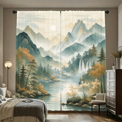 2 Panels Light Filtering Curtains, Serene Mountain Waterfall Tranquil Nature Landscape Print Home Decor, Easy Hang Rod Pocket Design, All Season Window Drapes for Living Room Bedroom Study Decoration