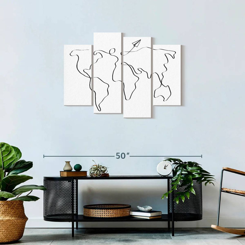 «World Map One Line World Map», reproduction sur toile 4 pièces par Avery, H 27 po x l 43 po x P 1,25 po