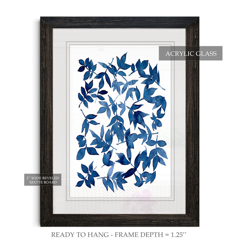 Indigo Fallen Leaves I - Peinture encadrée sur papier, H 44 po x l 32 po x P 1,25 po, Cadre ébène