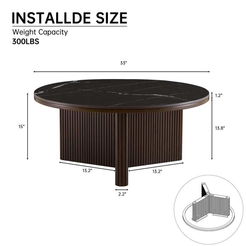 Alpena Modern Round 33 Inch Black Stone Top Coffee Table With Ribbed Base, Black