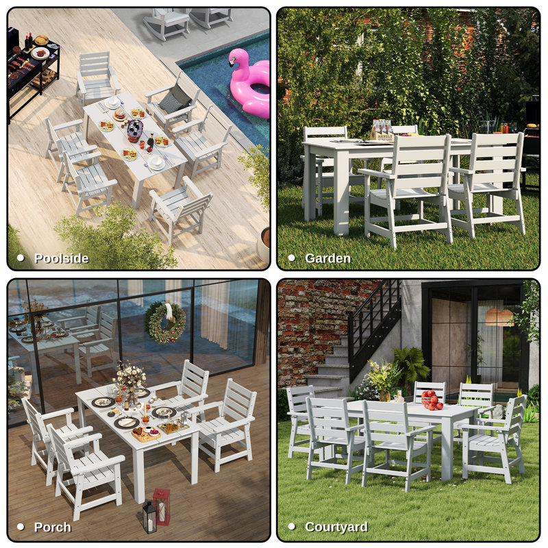 Table de patio en PEHD + chaises de salle à manger + banc, 4 pièces: table, 2 chaises, banc, Blanc