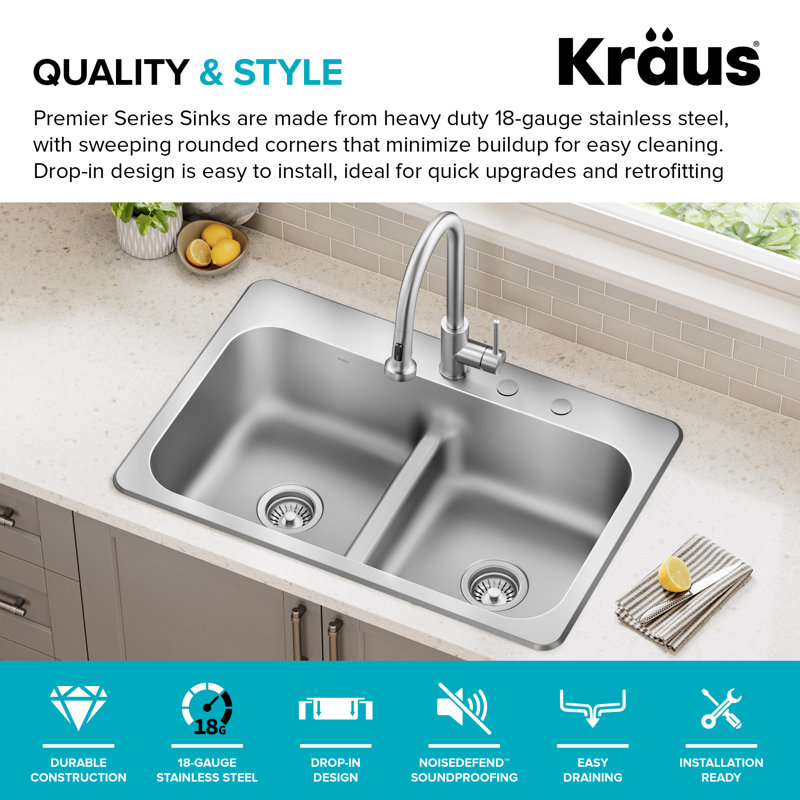 KRAUS Premier 33” Drop In / Top Mount Double Bowl 18-Gauge Stainless Steel Kitchen Sink, 33", Double Bowl
