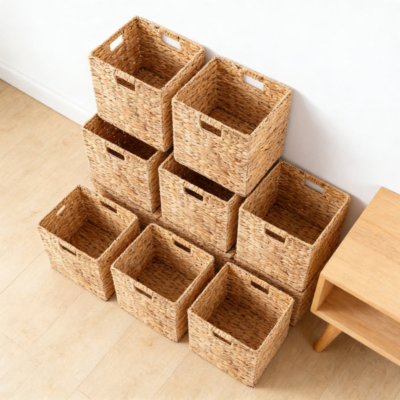 Paniers de rangement en jacinthe d'eau tissés à la main, ensemble de 12 bacs cubiques pliables avec étiquettes et poignées de tableau noir pour l'organisation à la maison, le garde-manger, les tablettes et la lessive