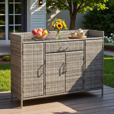 Outdoor Weather-proof Rattan Storage Cabinet With Tempered Glass Desktop, Large Drawer And Adjustable Shelves
