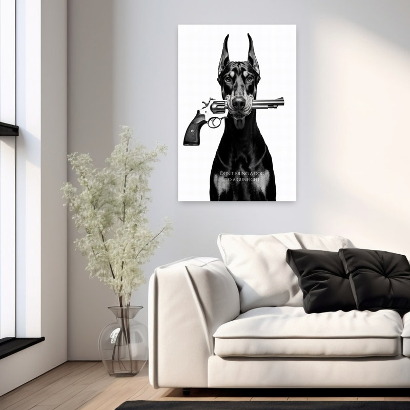 Doberman Gun Portrait Contemporary Dog Portrait, art mural, H 36 po x l 24 po