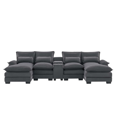 Modern U-Shaped Sofa With Console, Cupholders And Usb Ports, Ideal For Comfortable Gathering And Relaxing In Indoor Spaces