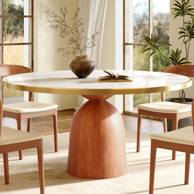 Mid-Century Modern Round Dining Table for 4, Farmhouse Kitchen Table, Stain & Scratch Resistant 47" Sintered Stone Top Solid Wood Base