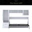 Lit escamotable avec tablettes ouvertes et tiroirs de rangement