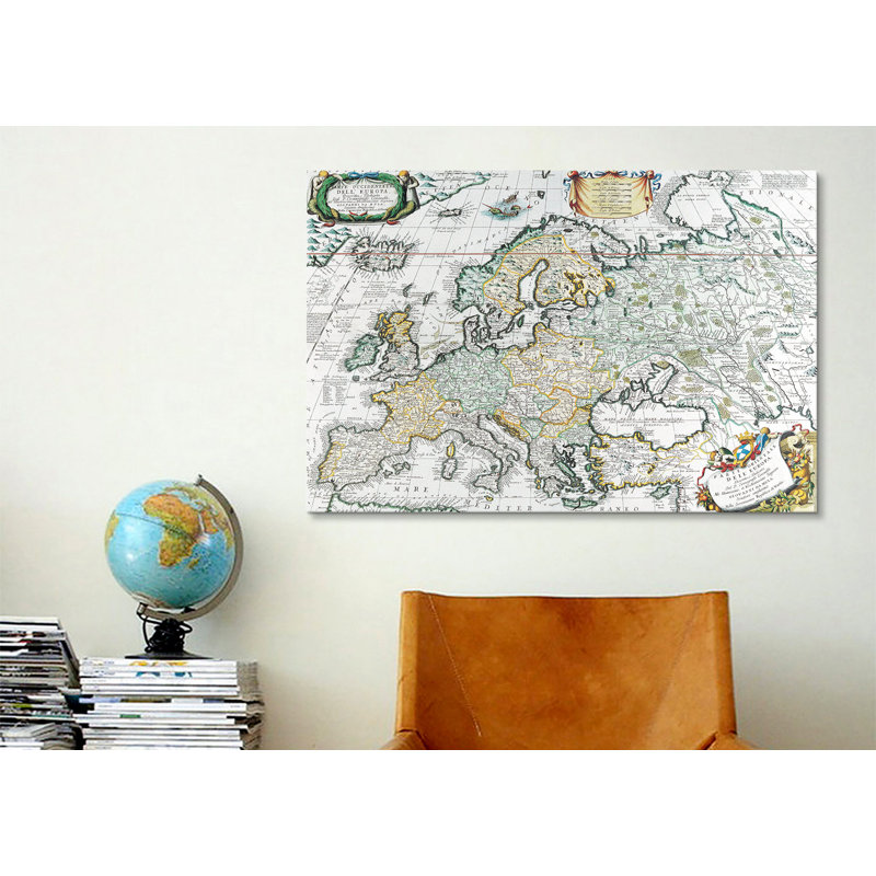 Carte antique de l'Europe, impression sur toile, H 12 po x l 18 po x P 1,5 po, Toile tendue, Pas de tapis