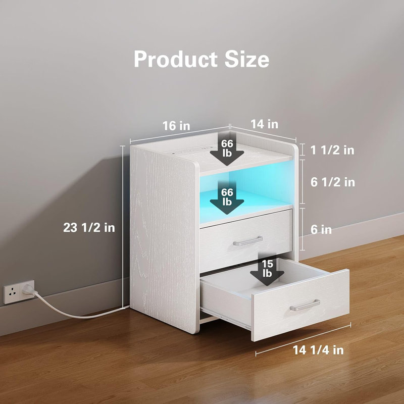 Table de chevet avec station de charge et bande lumineuse à DEL, tables de chevet à 2 tiroirs, table d'appoint pour la chambre à coucher, tables de chevet blanches à DEL (P 13,78 po x l 15,75 po x H 23,62 po)