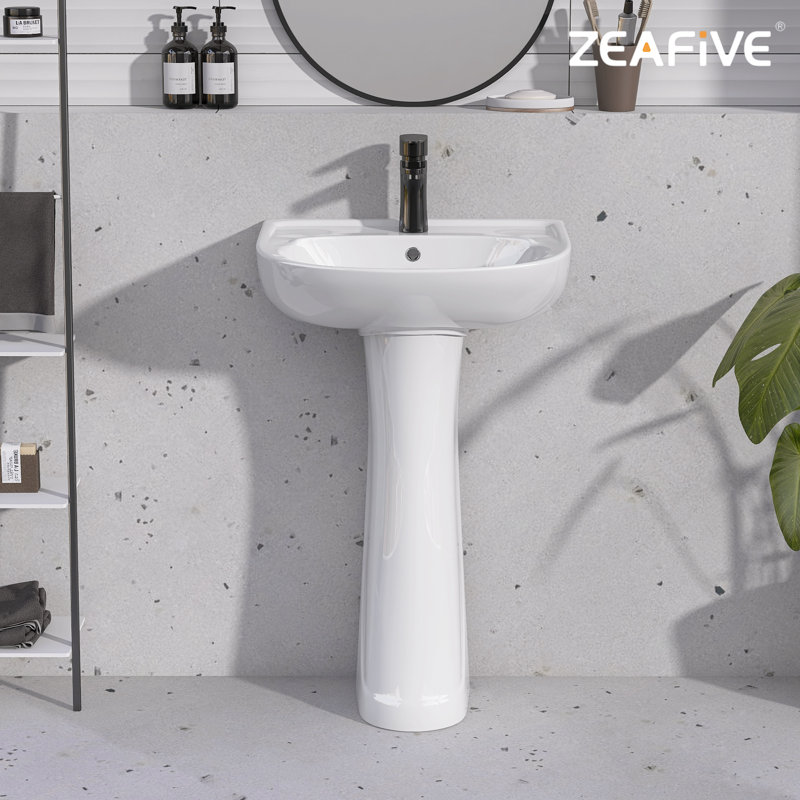 Modern U-Shape White Pedestal Bathroom Sink With Overflow