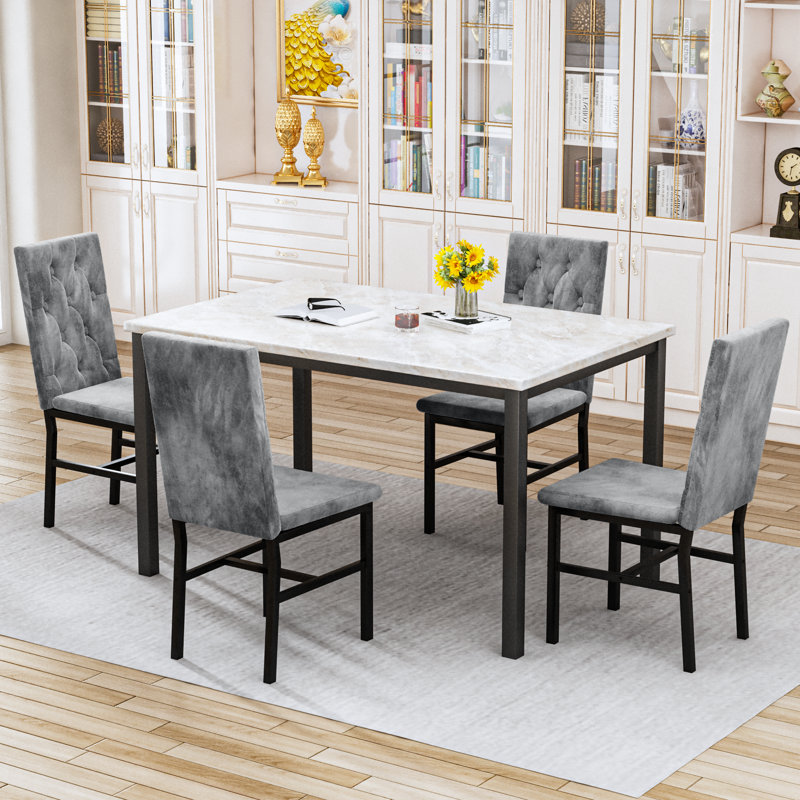 Ensemble de table de salle à manger 5 pièces avec luxueuses chaises capitonnées à boutons, ensemble de table et chaises de salle à manger de cuisine moderne, ensemble de table de salle à manger pour petit salon