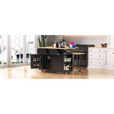 Îlot de cuisine 48 pouces avec rallonge, prise de courant, support de rangement interne, chariot de rangement sur roulettes sur 5 roues avec 5 supports latéraux ouverts, pour la cuisine (sans les tabourets)