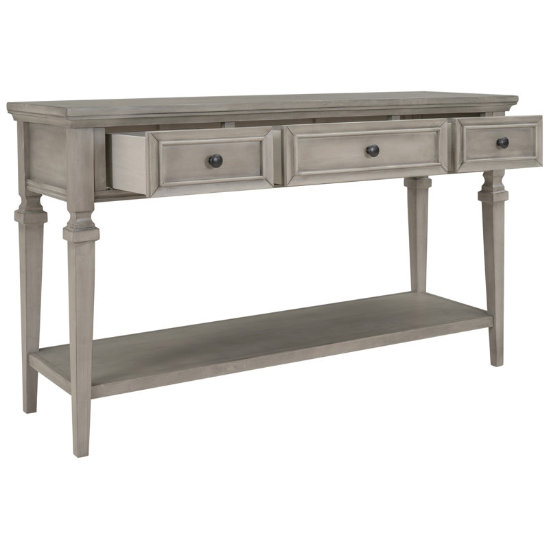 Console de style rétro classique avec trois tiroirs supérieurs et tablette inférieure ouverte, Gris délavé