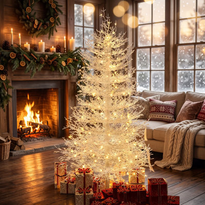 6 ft Pre-Lit White Aspen Fir Artificial Christmas Tree with 623 PE Branch Tips, 420 Warm White LED Lights, Hinged Sections, and Foldable Metal Stand for Home Holiday Decorating