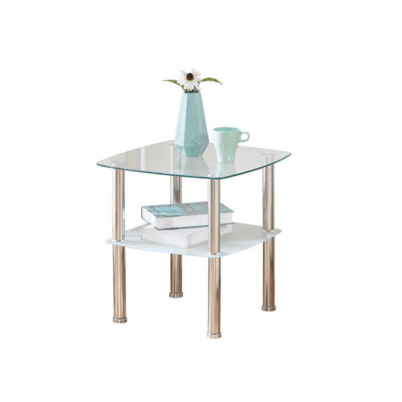 Table de bout en verre moderne avec tablette de rangement, pieds en métal chromé, table d'appoint en verre trempé à 2 niveaux