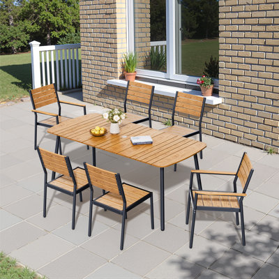 6 - Person Aluminum Outdoor Dining Set with Umbrella Hole, Stacking Armless and Armed Chairs
