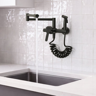 Wall Mount Kitchen Sink Faucet with Side Spray, 2-Hole Kitchen Faucet
