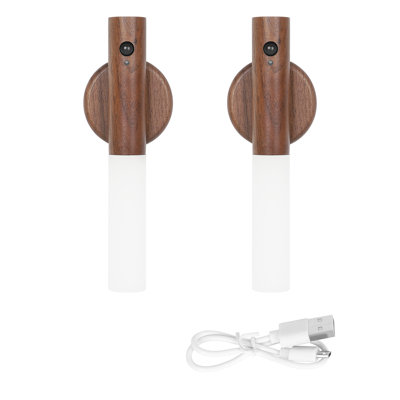 2-Pack Walnut Wood Motion Sensor LED Wall Sconce
