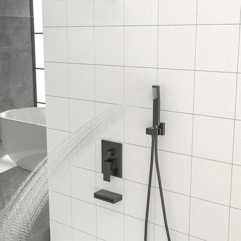 Shower System With Waterfall Tub Spout,12 Inch Wall Mounted Square Shower System With Rough-In Valve, Matte Black